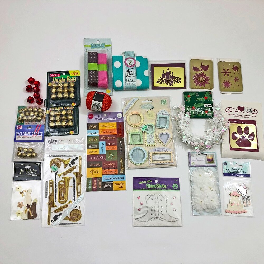 Assortment of Crafting Items Wreath Jingle Bells Ribbon Stencils Stickers Plus